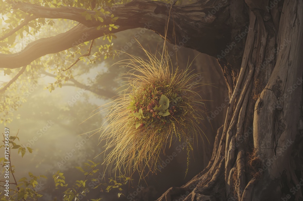 Poster A straw hat dangling from a large tree branch with a natural forest backdrop