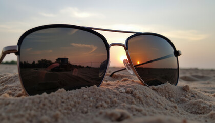 Sunglasses on Sand with Sunset Reflection