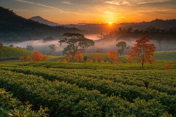 Obraz premium Morning mist envelops a vibrant tea field with distant workers; fiery autumn trees and mountains loom in the backdrop; sharp and clear image