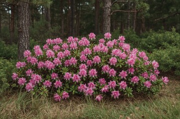 Fototapeta premium Lovely rhododendron shrubs blossoming near a pine woodland boundary
