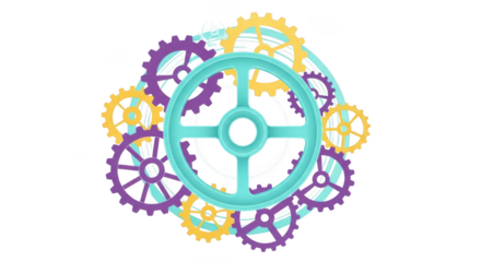 Illustration of colorful gears isolated on transparent background for teamwork concept