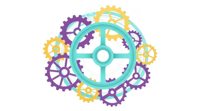 Illustration of colorful gears isolated on transparent background for teamwork concept