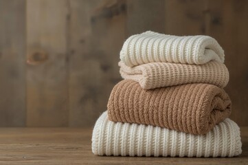 Pile of cozy knitted throw blankets set against a vintage backdrop with blurred surroundings and focused detail. Space available for text.