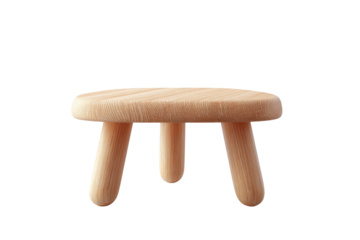 Minimalist wooden stool with three legs on transparent background, cut out