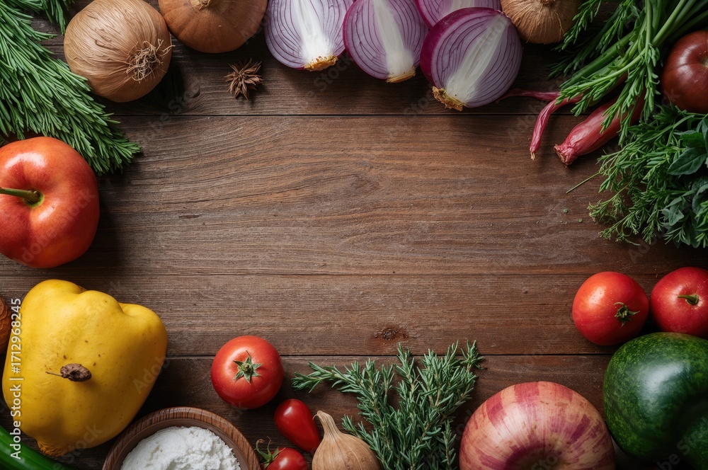 Poster overhead view of culinary components featuring onions on a vintage wooden surface with ample empty s