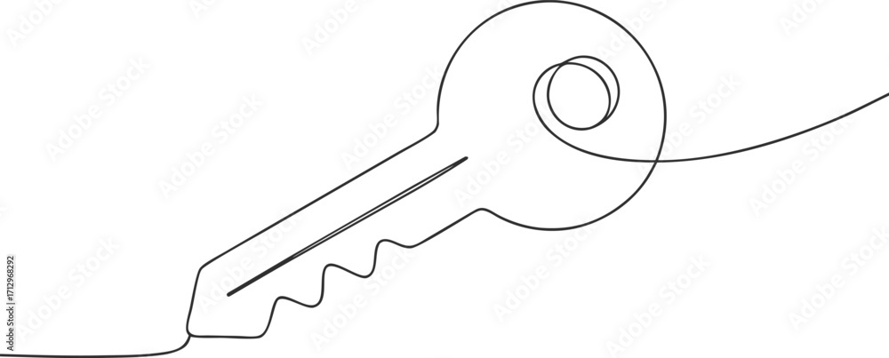 Poster single line drawing a key with a circular bow serrated bit continous line art object