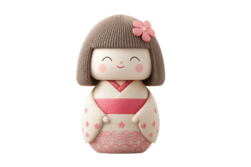 Cute japanese kokeshi doll with pink flower and kimono, cut out