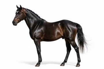 Obraz premium Majestic dark thoroughbred horse posed alone against a white backdrop, side profile