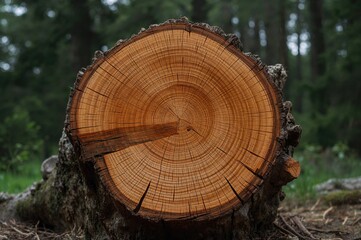 Cut oak tree stump showing growth rings - cross-section of the trunk. Wood slice.