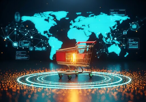 Global online shopping concept with shopping cart and world map background.