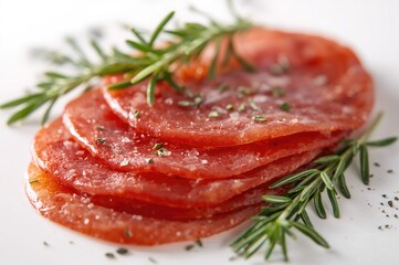 Fototapeta premium Delicious pieces of cured ham seasoned with rosemary