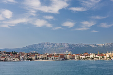 Scenic Coastal View of a Mediterranean Town With Mountains and Waterfront, Split, Croatia