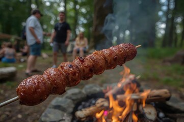 Grilled sausage on a stick over an open fire in the woods. Outdoor picnic setting with a soft-focus backdrop.
