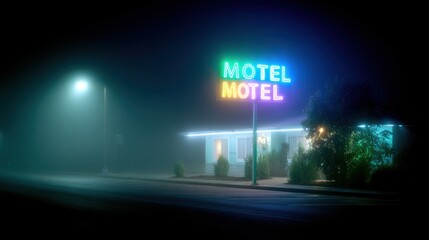Noir-inspired foggy motel at night with neon lights, suspenseful cinematic mood for storytelling visuals.