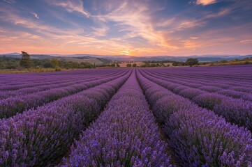 Fototapeta premium Breathtaking view of a lavender meadow during sunset on a high plain