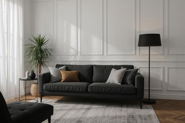 Modern lounge area with a sofa and lighting, showcasing Nordic design elements