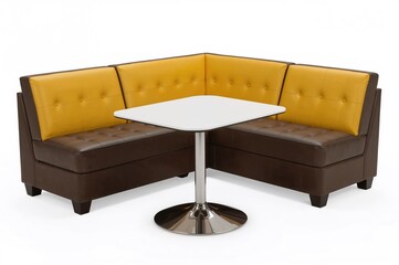 Brown and yellow faux leather L-shaped dining set with corner bench and fold-out sleeper sofa, isolated on white background with clipping path.