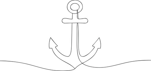 Single line drawing a nautical anchor with wavy lines below continous line art maritime