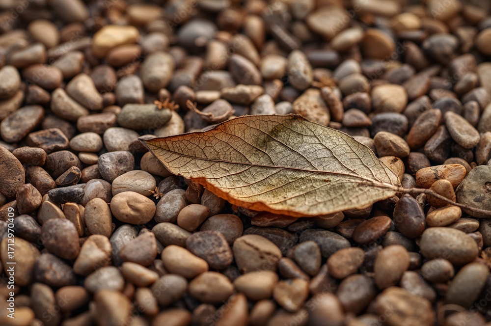 Poster surface pattern featuring a desiccated leaf resting on a stone with tiny, polished, and rounded ston