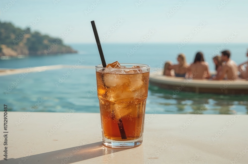 Poster refreshing summer beverage on a table with ocean view
