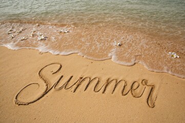 Fototapeta premium Summer spelled out in beach sand accompanied by a plumeria flower