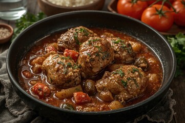 Braised poultry with vegetables and olives in a culinary dish