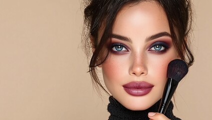 Glamorous woman with makeup and a brush for applying cosmetics