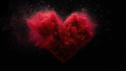 Suspended heart-shaped dust cloud on a black backdrop. Abstract particle explosion forming a powdery heart. Visual representation of emotion and intensity.