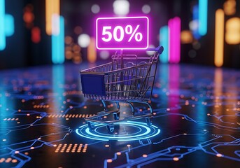 Shopping cart with 50% discount sign on a futuristic background.
