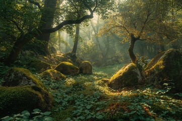 Fototapeta premium Mossy rocks nestled within an enchanted woodland setting, summertime, natural scenery, trees, springtime, scenic view, sunlight, foliage, woodland