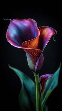 A vibrant, dramatic close-up captures a single calla lily, showcasing its deep purple and copper hues against a stark black backdrop.