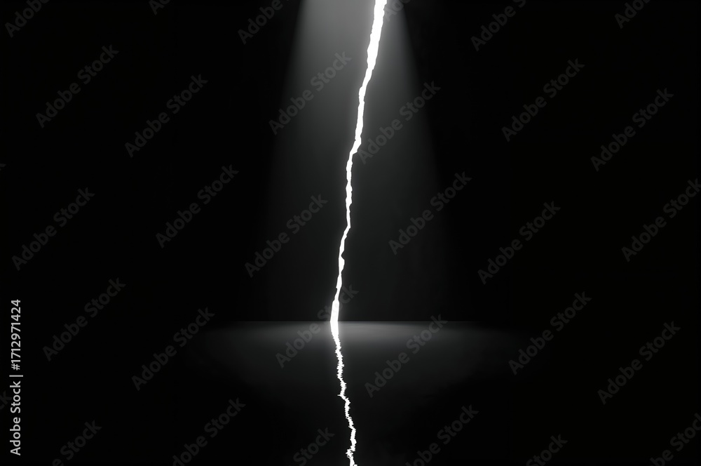 Poster bright white beam shining through a slit in a dark angular backdrop; scene set in a shadowy corridor