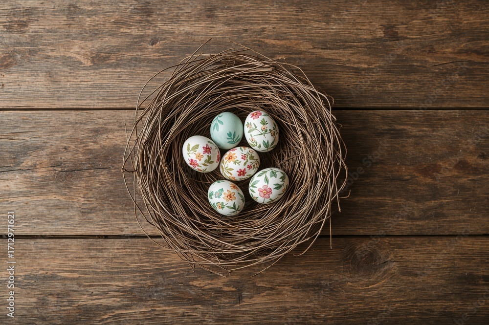 Poster overhead shot of a nest holding colorful eggs on a rustic wooden surface with ample space for text, 