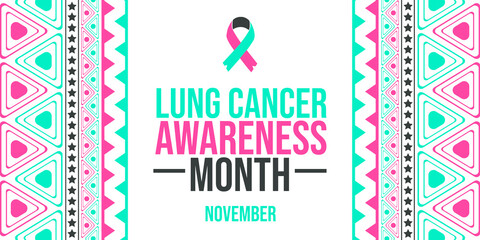Lung Cancer Awareness Month November poster with decorative pattern and awareness ribbon