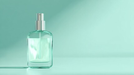 Transparent rectangular spray bottle filled with light liquid on green backdrop with soft shadows, minimal skincare or fragrance mockup.