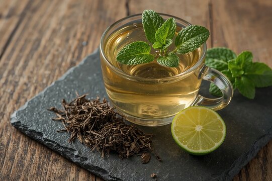 Glass cup of herbal tea with fresh mint leaves, dried tea, and lime slices on a slate board