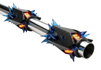 Meticulously crafted conduit system with polished steel, matte carbon fiber, orange LEDs, and blue acrylic shards on a transparent background with copy space, high-tech product photography concept