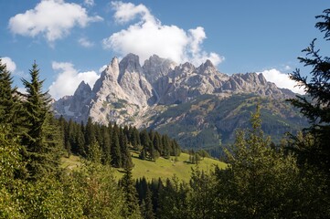 View of the Odle mountain range from Seceda, isolated on a white backdrop