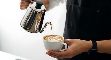 Pour-Over Coffee Art, carefully pouring coffee from a metallic gooseneck kettle into a white mug