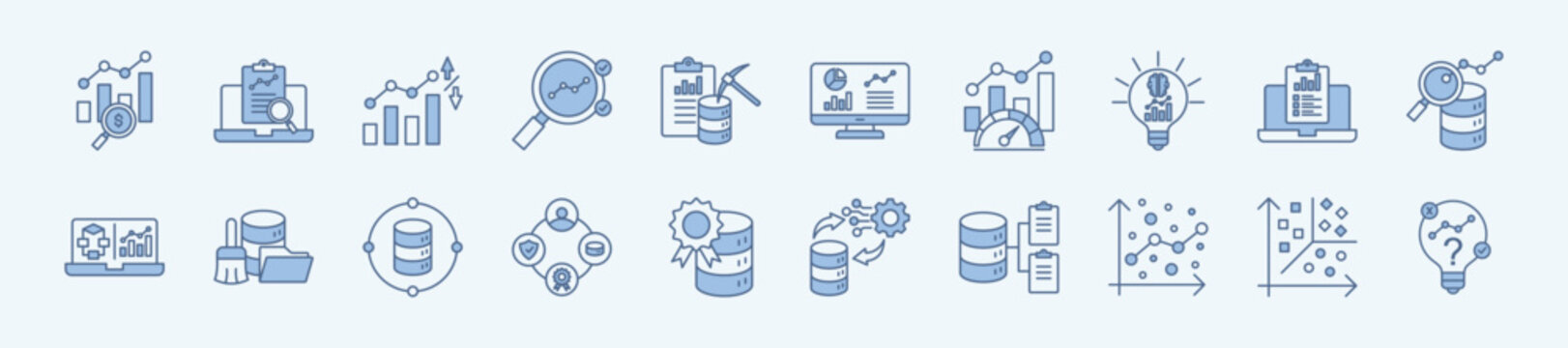Business analytics thin icon set containing descriptive analytics, predictive analytics, prescriptive analytics, data mining, data visualization

