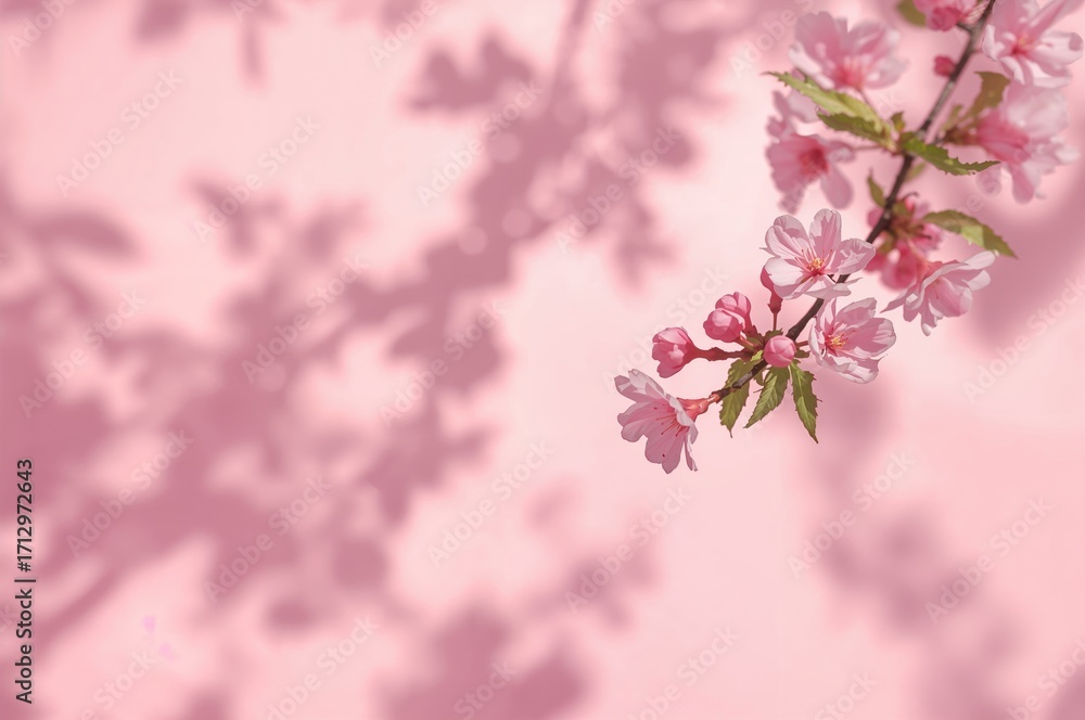 Poster soft pink backdrop with floral and leaf shadows for product display in spring and summer