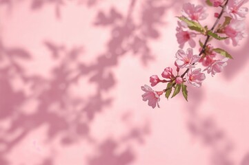 Obraz premium Soft pink backdrop with floral and leaf shadows for product display in spring and summer