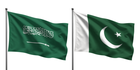 Flags of Saudi Arabia and Pakistan waving side by side against a black background on flagpoles