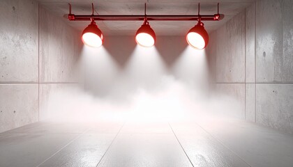 Three red lamps illuminate a concrete room, casting bright light and creating a hazy atmosphere.