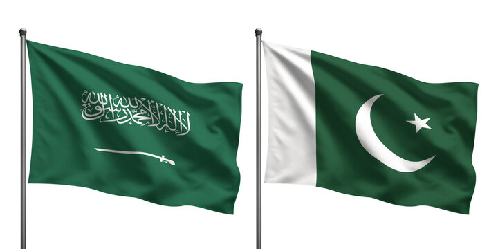 Flags of Saudi Arabia and Pakistan waving side by side against a black background on flagpoles