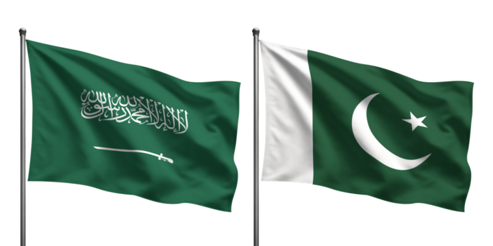 Flags of Saudi Arabia and Pakistan waving side by side against a black background on flagpoles