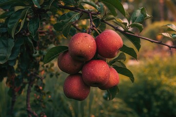 Obraz premium A cluster of ripe tropical apples ready for picking amidst lush foliage