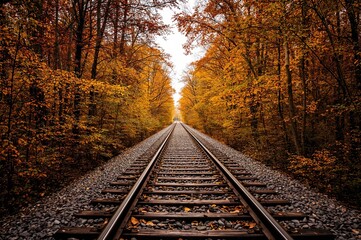 Fototapeta premium Breathtaking view of train tracks winding through a fall forest