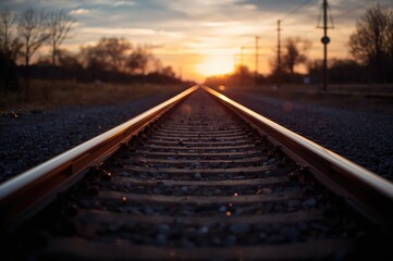 Fototapeta premium Rails and signals set for the upcoming train at daybreak