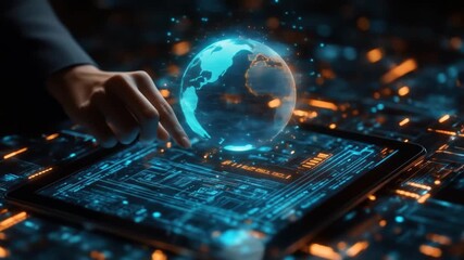 Hand interacting with digital globe - Powered by Adobe